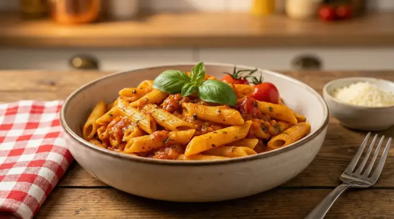 Ciotola di penne al sugo di pomodoro con basilico fresco, su tavolo di legno con forchetta e formaggio grattugiato