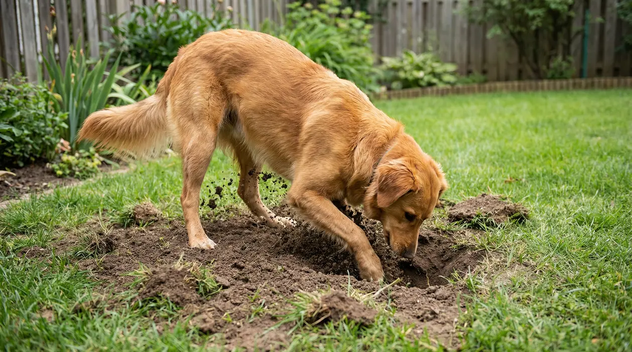 Cane marrone che scava una buca nel giardino