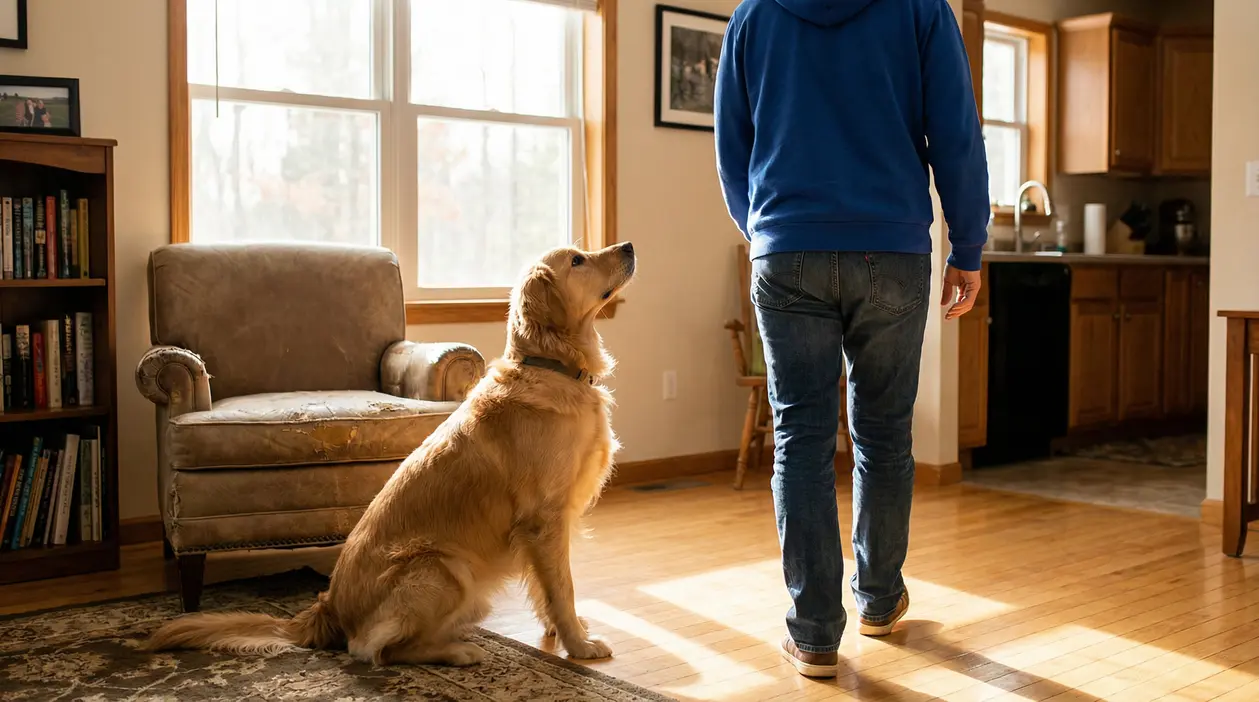 Cane seduto che guarda una persona in casa vicino a una finestra