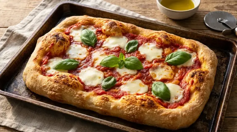 Pizza in teglia con pomodoro, mozzarella e basilico su teglia da forno, con bordo alto e dorato