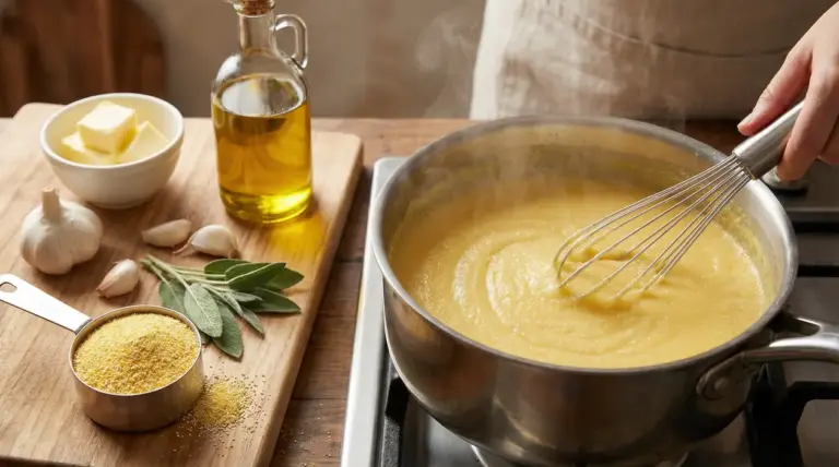 Pentola di polenta cremosa mescolata con frusta, con ingredienti su tagliere: farina di mais, burro, aglio e salvia