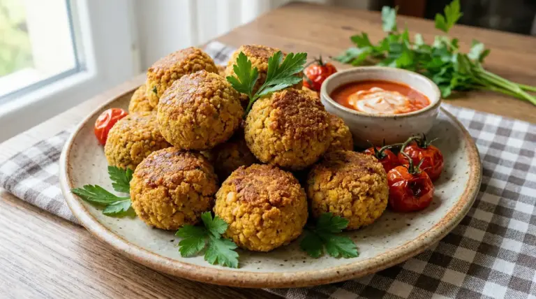 Polpette di ceci croccanti su piatto con prezzemolo, pomodorini arrosto e salsa cremosa