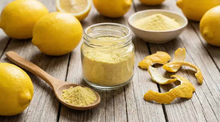 Barattolo e cucchiaio con polvere di limone su tavolo di legno, con limoni e scorze di agrumi accanto
