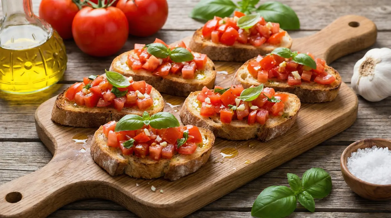 Bruschette al pomodoro con basilico e olio extravergine su tagliere di legno, con aglio e pomodori sullo sfondo