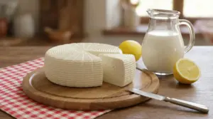 Formaggio primosale fatto in casa su tagliere con una fetta, accanto a brocca di latte e limone