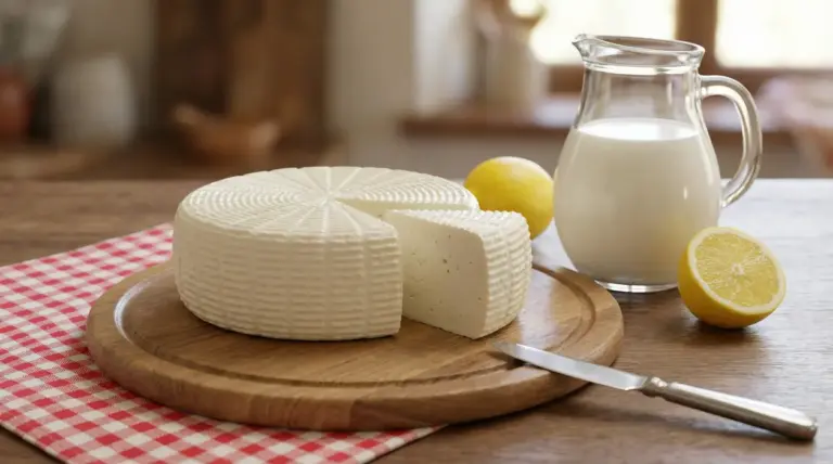 Formaggio primosale fatto in casa su tagliere con una fetta, accanto a brocca di latte e limone
