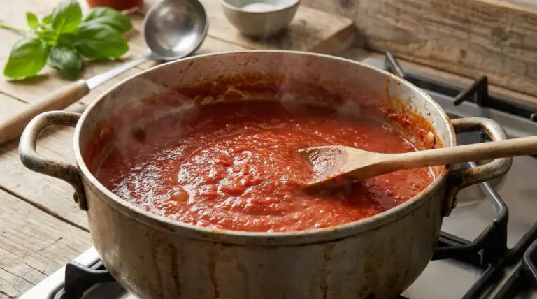 Pentola con sugo di pomodoro in cottura sul fornello, mescolato con cucchiaio di legno, con vapore visibile