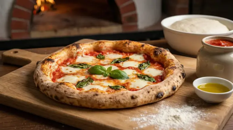 Pizza margherita napoletana cotta al forno su tagliere di legno, con impasto, salsa e olio d'oliva sullo sfondo