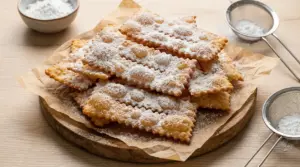 Chiacchiere di Carnevale dorate e croccanti, spolverate con zucchero a velo su un tagliere di legno.