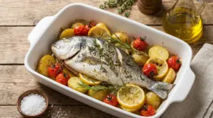 Orata al forno in teglia con patate, pomodorini, fette di limone e aromi su tavolo di legno