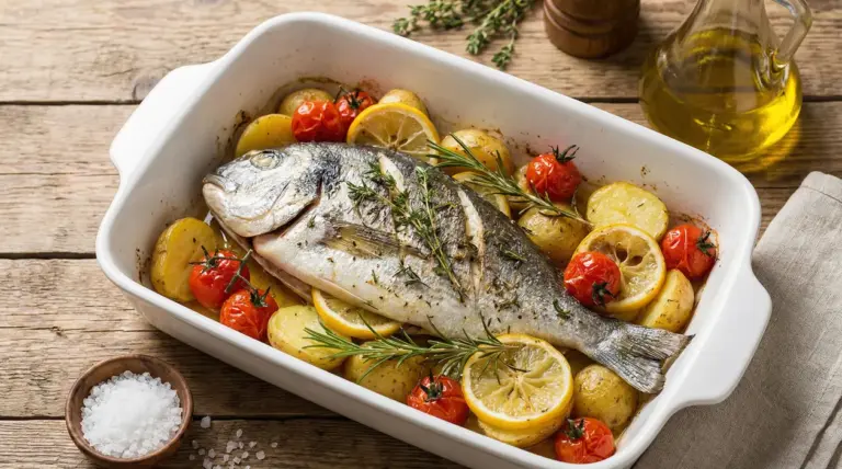 Orata al forno in teglia con patate, pomodorini, fette di limone e aromi su tavolo di legno