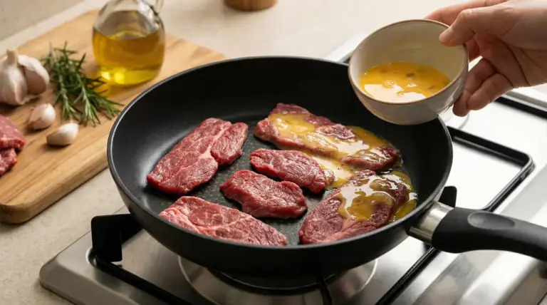Fettine di carne cruda in padella con uovo sbattuto versato sopra