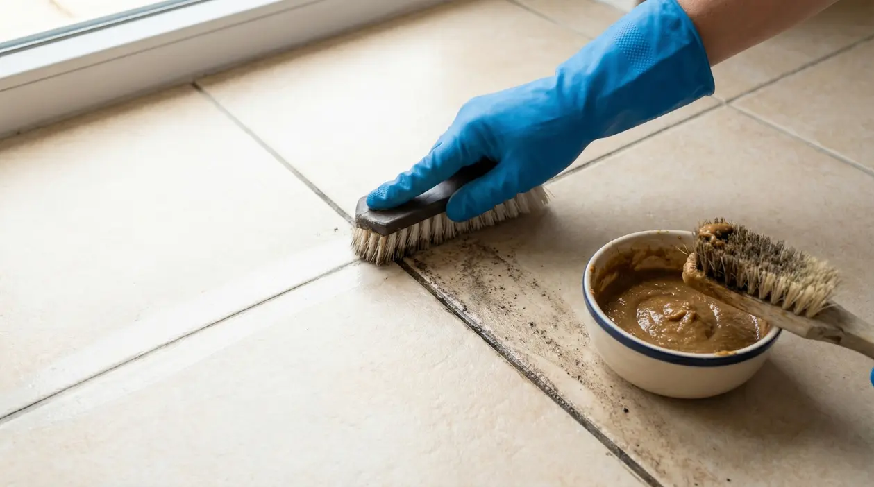 Pulizia delle fughe nere del pavimento con spazzola e composto naturale