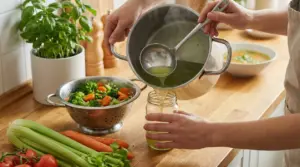 Una persona versa acqua di cottura delle verdure in un barattolo di vetro in cucina