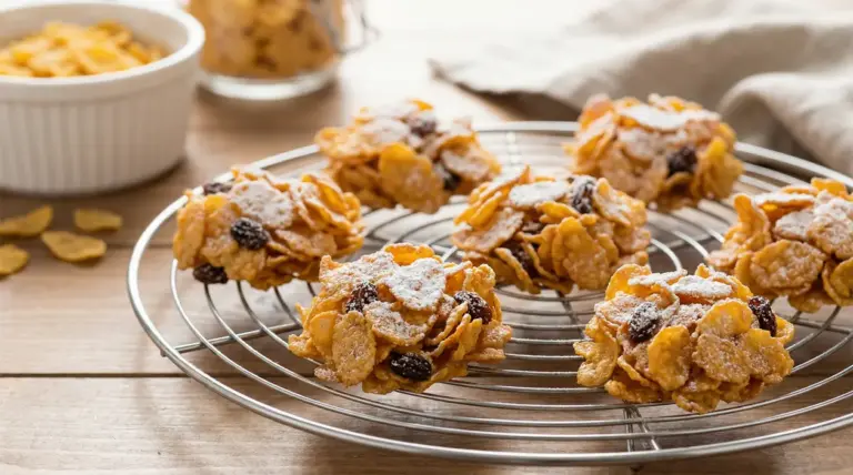 Rose del deserto con cornflakes e uvetta, spolverate di zucchero a velo su griglia di raffreddamento