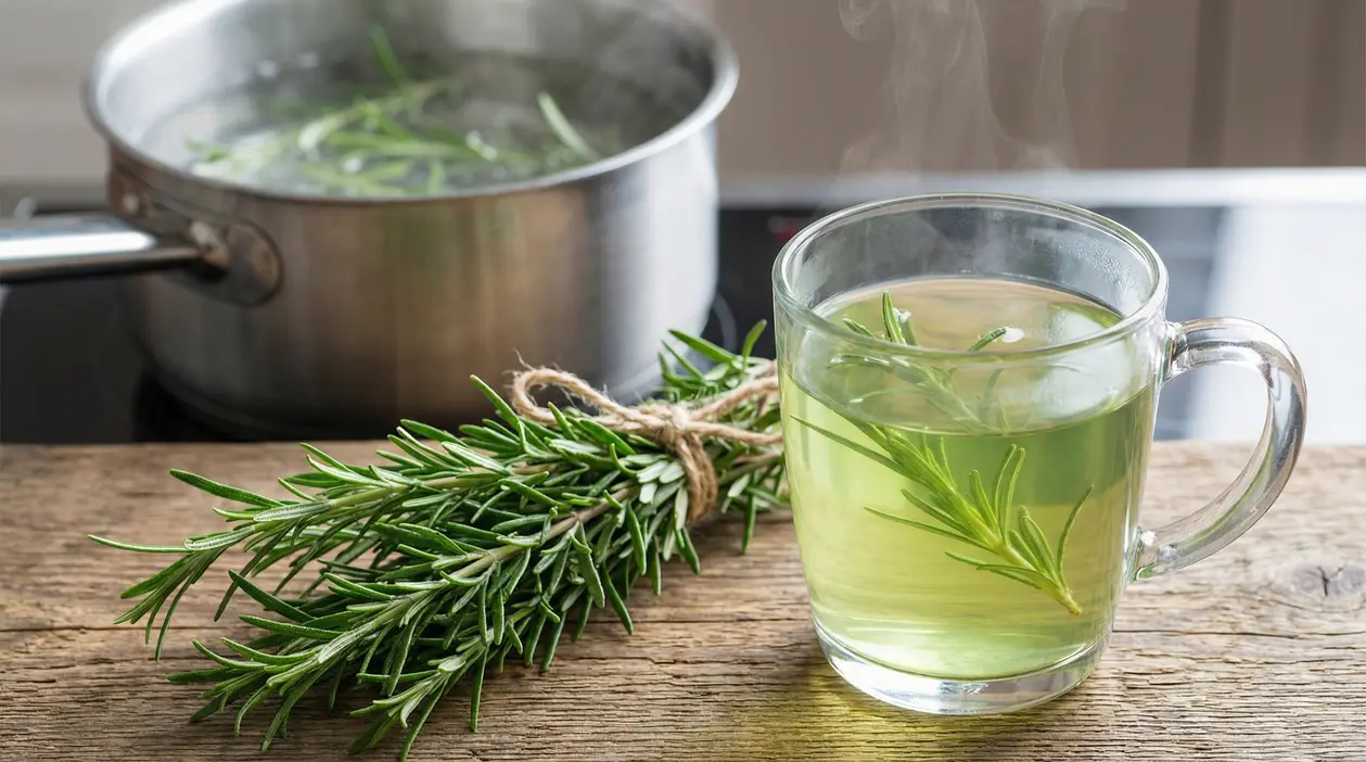 Tisana al rosmarino in una tazza trasparente con rametti freschi e pentola sullo sfondo