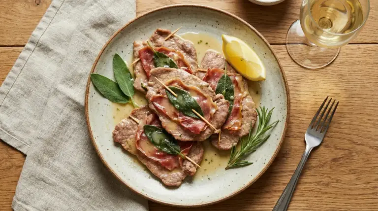 Un piatto di saltimbocca alla romana con salvia, prosciutto e salsa al vino.