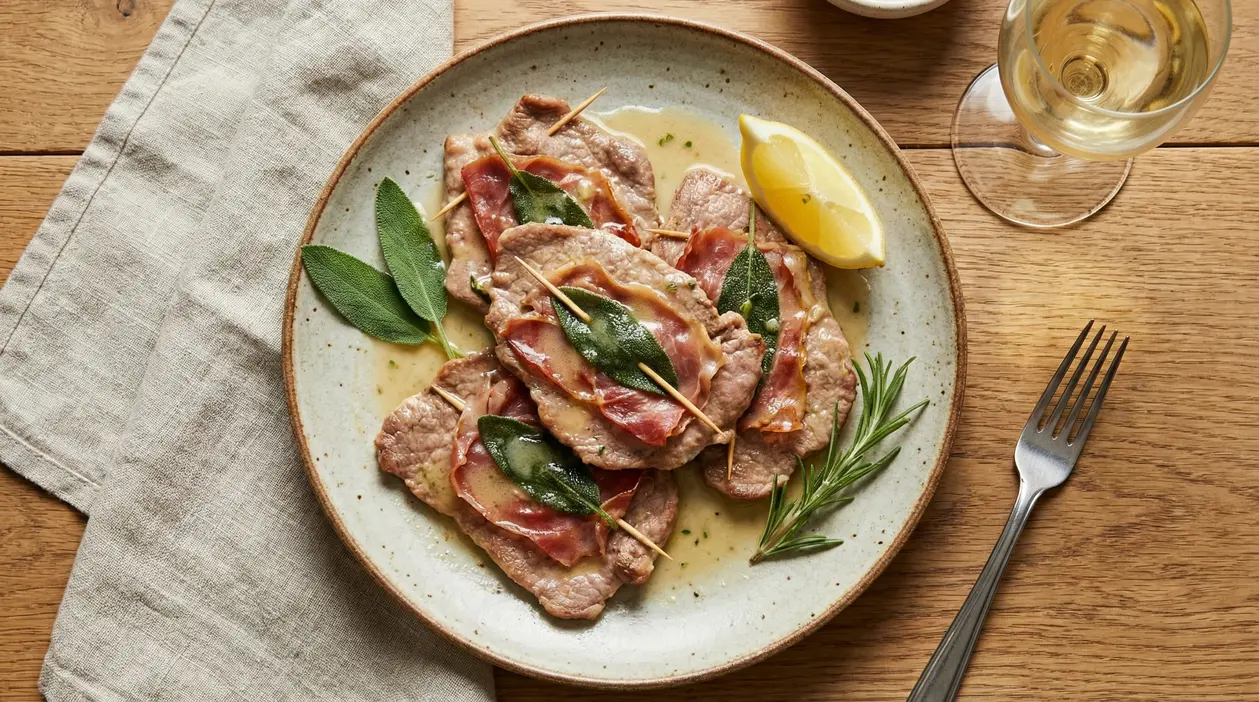 Un piatto di saltimbocca alla romana con salvia, prosciutto e salsa al vino.