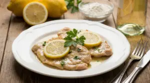 Scaloppine al limone succose in salsa, servite su piatto bianco con fette di limone e prezzemolo
