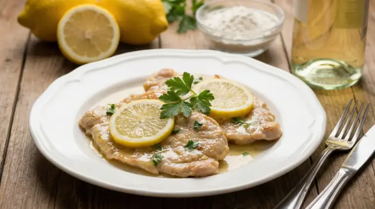 Scaloppine al limone succose in salsa, servite su piatto bianco con fette di limone e prezzemolo