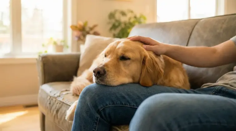 Cane sdraiato con la testa sulle gambe di una persona che lo accarezza su un divano