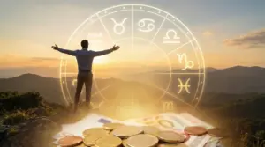 Persona di spalle con simboli zodiacali sovrapposti e monete in primo piano