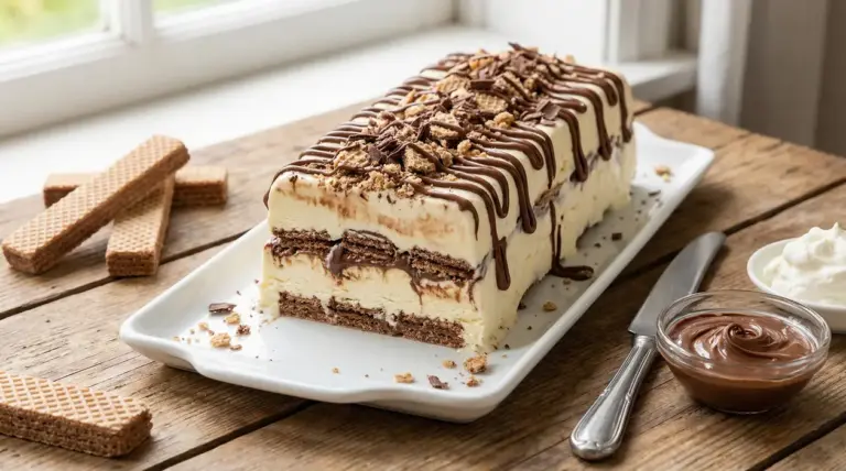 Semifreddo a strati con wafer, panna e crema di nocciole, decorato con colata di cioccolato su piatto bianco