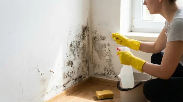 Persona che pulisce una parete interna con muffa nera usando guanti e spray