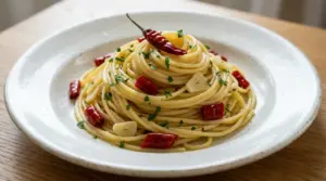 Piatto di spaghetti aglio, olio e peperoncino con peperoncino rosso e scaglie d’aglio in un piatto bianco