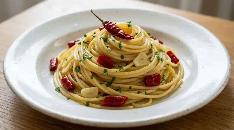 Piatto di spaghetti aglio, olio e peperoncino con peperoncino rosso e scaglie d’aglio in un piatto bianco