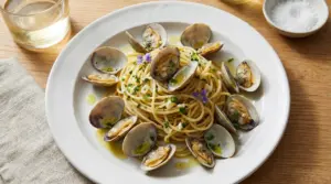 Piatto di spaghetti alle vongole decorato con prezzemolo e fiori edibili