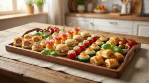 Vassoio di stuzzichini per aperitivo con mini panini, pomodorini ripieni, olive, sfoglie e finger food in cucina