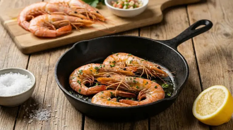 Mazzancolle in padella con olio e prezzemolo su tavolo di legno, con limone e sale grosso accanto