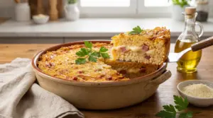 Timballo di riso al forno con provola filante e prosciutto, con una fetta sollevata dalla teglia