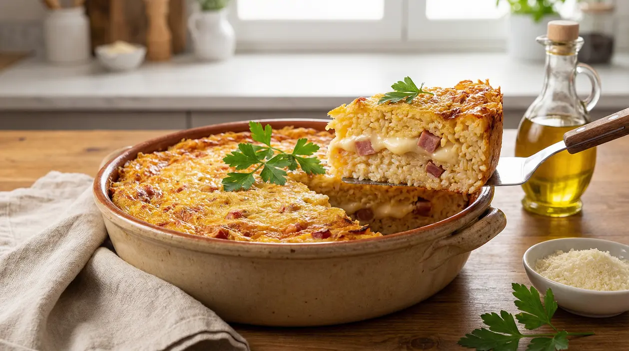 Timballo di riso al forno con provola filante e prosciutto, con una fetta sollevata dalla teglia