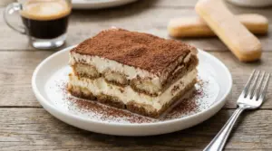 Fetta di tiramisù alla crema senza mascarpone, spolverata di cacao, servita su piatto con tazzina di caffè