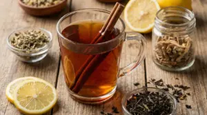 Tisana in tazza di vetro con stecche di cannella, fette di limone e infusi di erbe su tavolo in legno