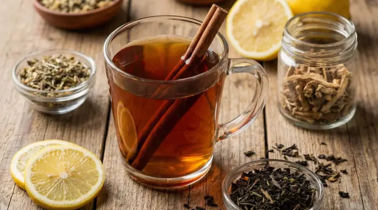 Tisana in tazza di vetro con stecche di cannella, fette di limone e infusi di erbe su tavolo in legno