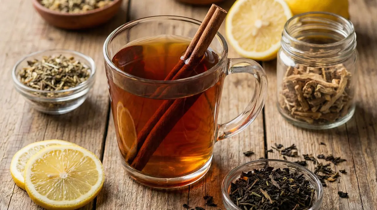 Tisana in tazza di vetro con stecche di cannella, fette di limone e infusi di erbe su tavolo in legno
