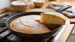 Torta cotta in padella sul fornello, spolverata di zucchero a velo, con una fetta sollevata su una spatola