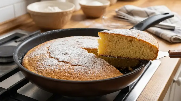 Torta cotta in padella sul fornello, spolverata di zucchero a velo, con una fetta sollevata su una spatola