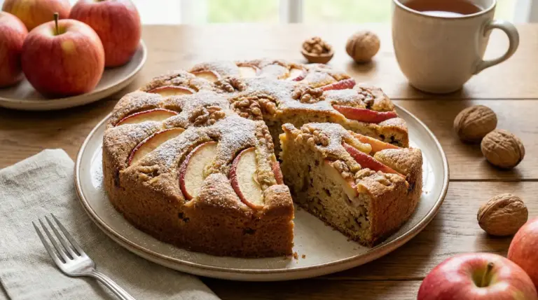 Torta soffice con mele a fette e noci, servita su un piatto con una fetta tagliata