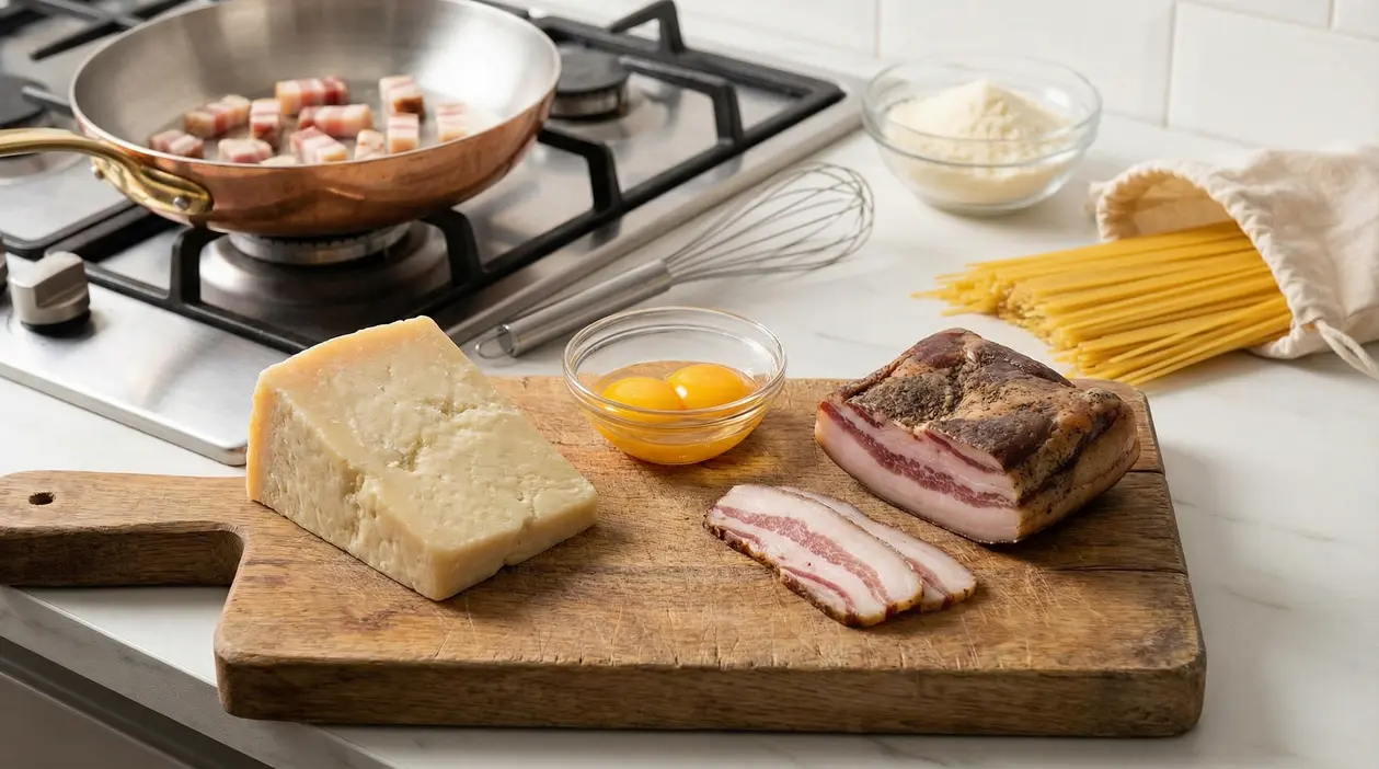 Ingredienti per carbonara su tagliere: guanciale, pecorino, tuorli e spaghetti, con padella sul fornello