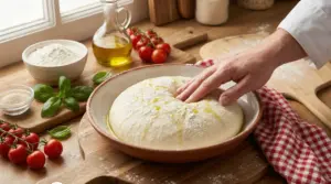 Mano che lavora un impasto per pizza soffice in una ciotola, con farina, olio d’oliva, basilico e pomodori sul tavolo