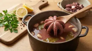 Polpo in pentola con brodo, aglio e alloro, sollevato con un cucchiaio di legno; limone e prezzemolo sul tagliere