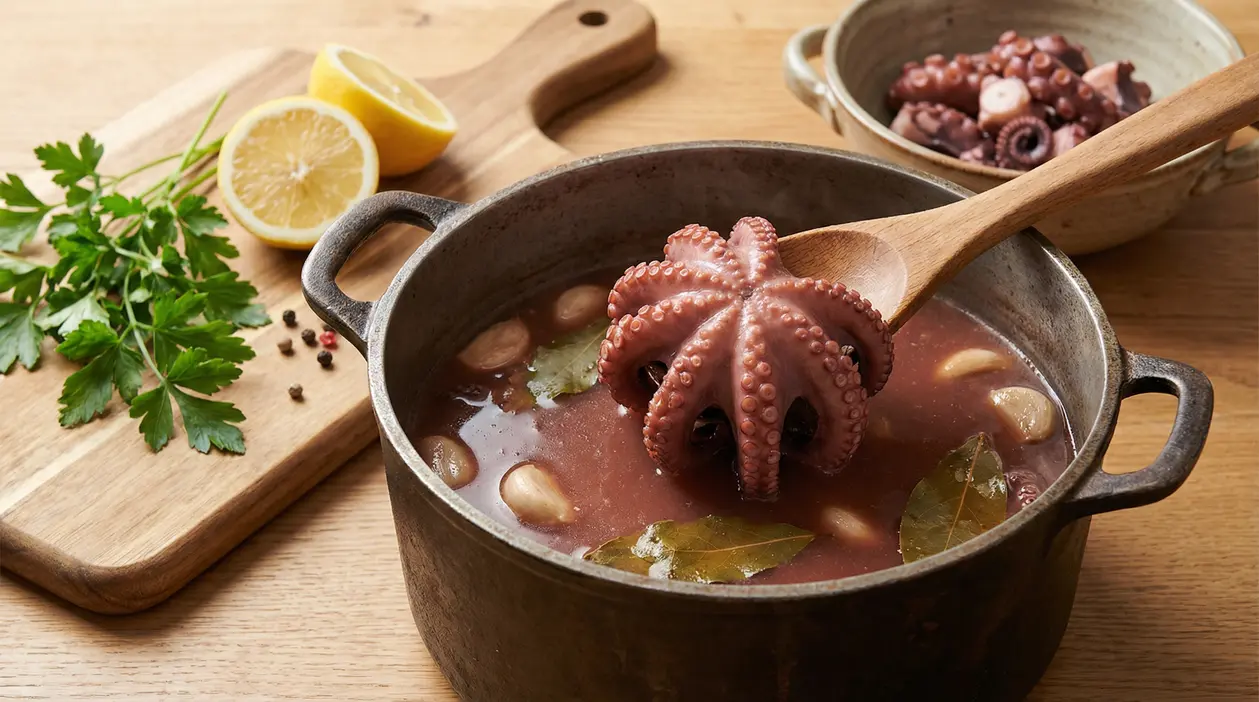 Polpo in pentola con brodo, aglio e alloro, sollevato con un cucchiaio di legno; limone e prezzemolo sul tagliere