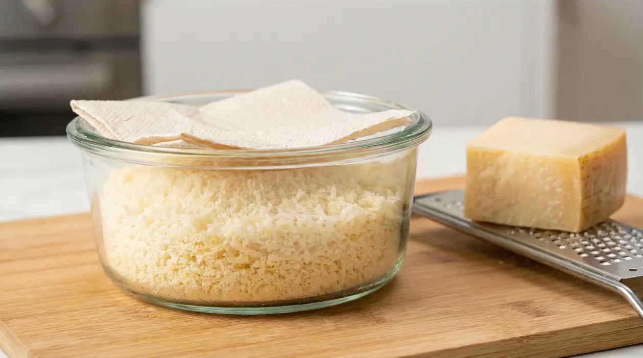 Contenitore di vetro con formaggio grattugiato e carta assorbente, accanto a grattugia e pezzo di formaggio