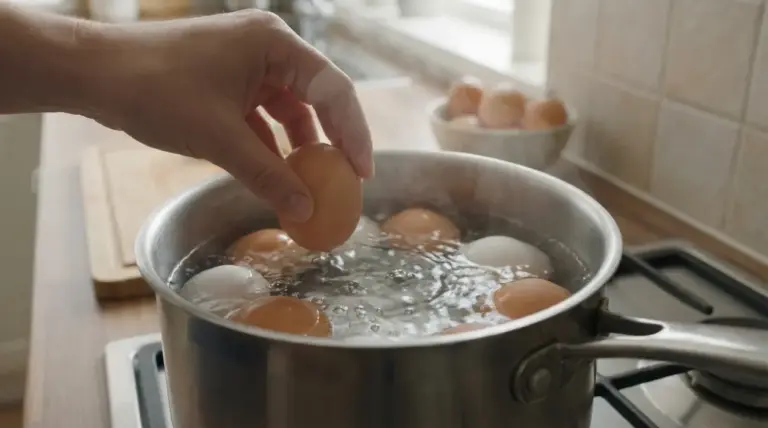 Mano che mette un uovo in una pentola con acqua bollente sul fornello, con altre uova in cottura