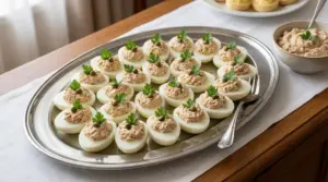 Uova sode ripiene con tonno e maionese, guarnite con prezzemolo e capperi su vassoio da buffet