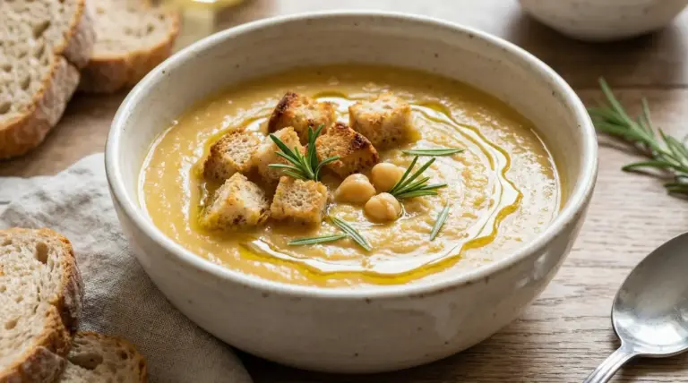 Vellutata di ceci con crostini, rosmarino e olio extravergine servita in una ciotola di ceramica